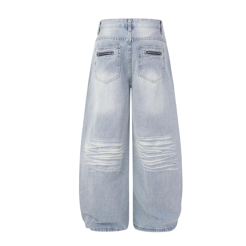 American high street trendy jeans heavy industry washed cat whisker hole design sense loose wide leg pants mopping pants men