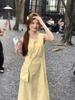 Send a small backpack, design jewelry, pure and gentle yellow dress, women's summer round neck waist and thin a-word long dress