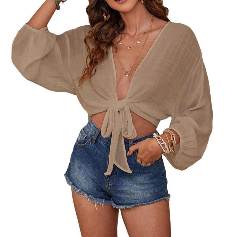 Fashion Casual Summer Women Beach Shirt Solid Color V Neck Solid Color Simple Crop Tops Elegant Ladies Tie Up Cardigans Streetwear Blouse Clothing