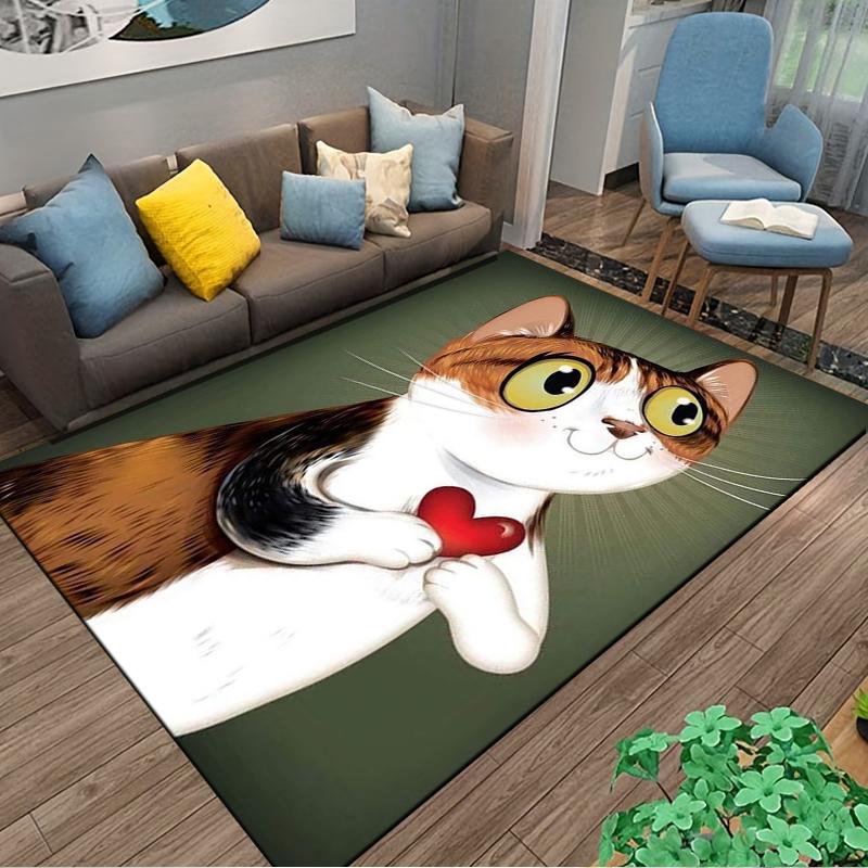 Cute Cartoon Cat Holding Red Heart Pattern Carpet for Bedroom Decor Suitable for Use As an Anti-slip for Living Room Bedroom Sofas