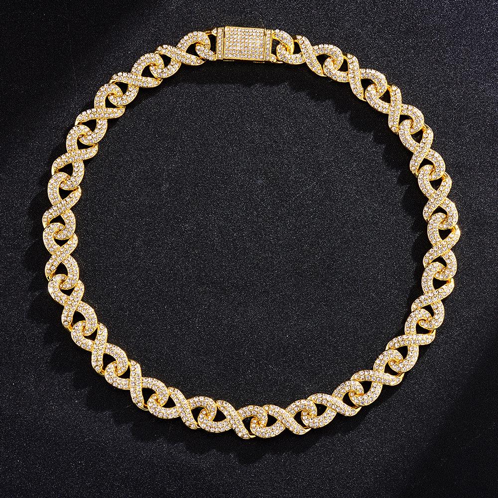 European & American Hip Hop Infinity Cuban Chain Necklace & Bracelet: Trendy Unisex Design with Full Diamond Accents.