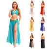 Womens Belly Dance Costume Halter Backless Crop Top with Split Mesh Skirt Sequin Tassel Metallic Trim for Halloween