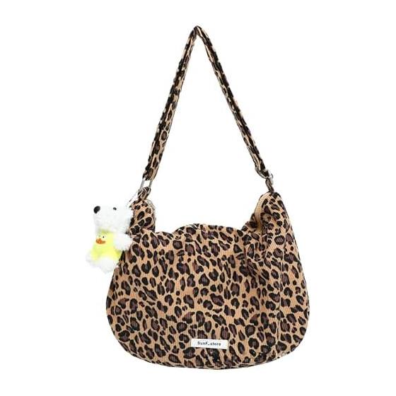

[JQBFL] Leopard Print Corduroy Shoulder Bag Crossbody Bag Ladies Large Capacity Large A4 Compatible School Style School Shoulder Bag Korean Bag