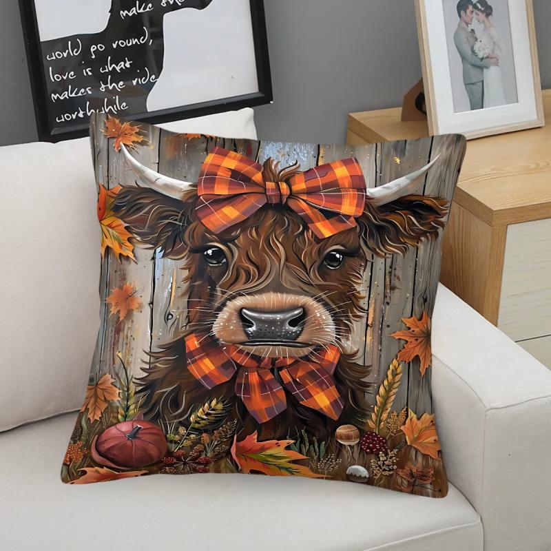 Vibrant Sunflower Highland Cow Pattern Pillow Case Short Plush Print Cushion Cover Square Throw Pillow Covers Sofa Home Decor