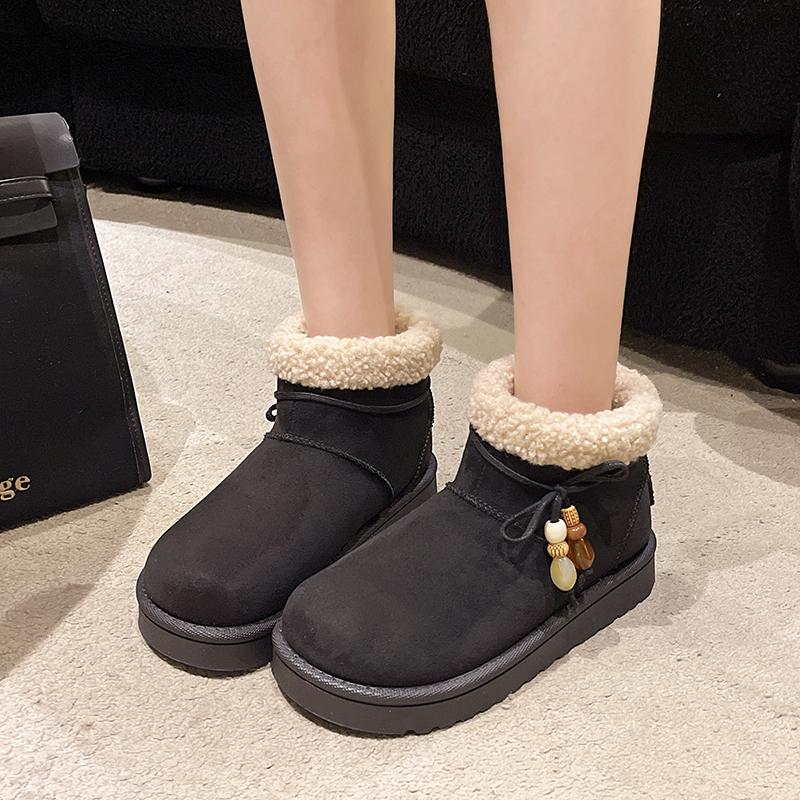 Fashion Sweet Bowknot Decoration Cotton Snow Boots Women 2025 Winter Warm Short Plush Ankle Boots Fashion Faux Fur Slip On Booties