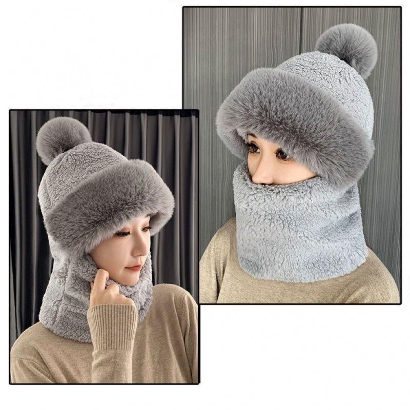 1Pcs Winter Knitted Hat Scarf Mask One-Piece Plush Pompom Beanies For Women Outdoor Cycling Cap Ears Neck Protection Skiing Cap