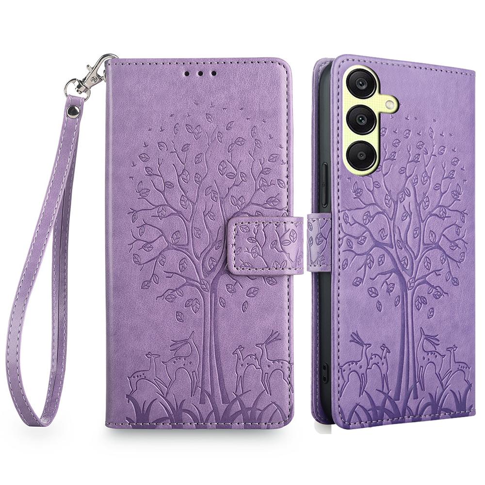For Samsung Galaxy A25 5G (Global) (161.0 X 76.5 X 8.3mm) Case Imprinted Deer Tree Pattern 3 Card Slots Phone Protector with Hand Strap