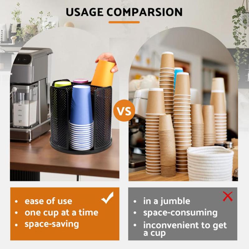 Rotating Paper Cup Dispenser, Cup Holder with 4 Compartments, Disposable Coffee Cup Dispenser Removable, Plastic Cup Storage
