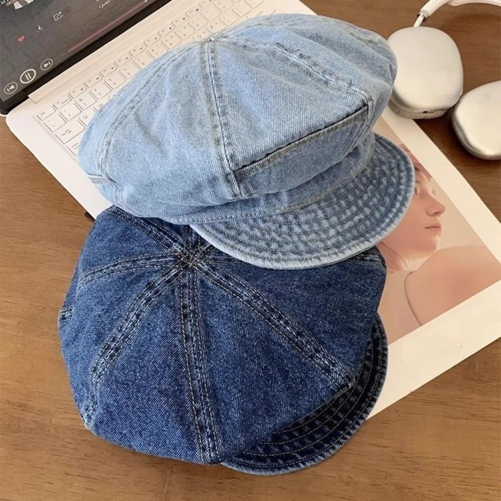 Cloud Octagonal Cap Vintage Peaked Hat Korean Washed Denim Beret  Women
