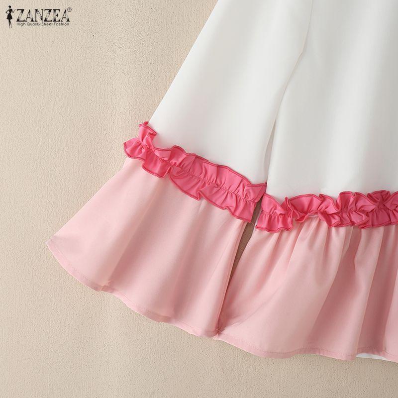 ZANZEA Damen Rundhals Patchwork 3/4 Ärmel Freizeitbluse