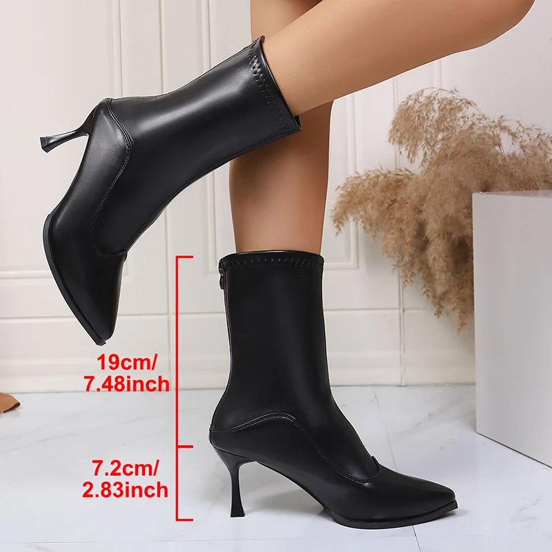 Sexy Pointed Toe High Heels Boots Women Plus Size 34-42 Back Zipper Thin Heel Ankle Boots Women Pu Leather Short Booties Mujer