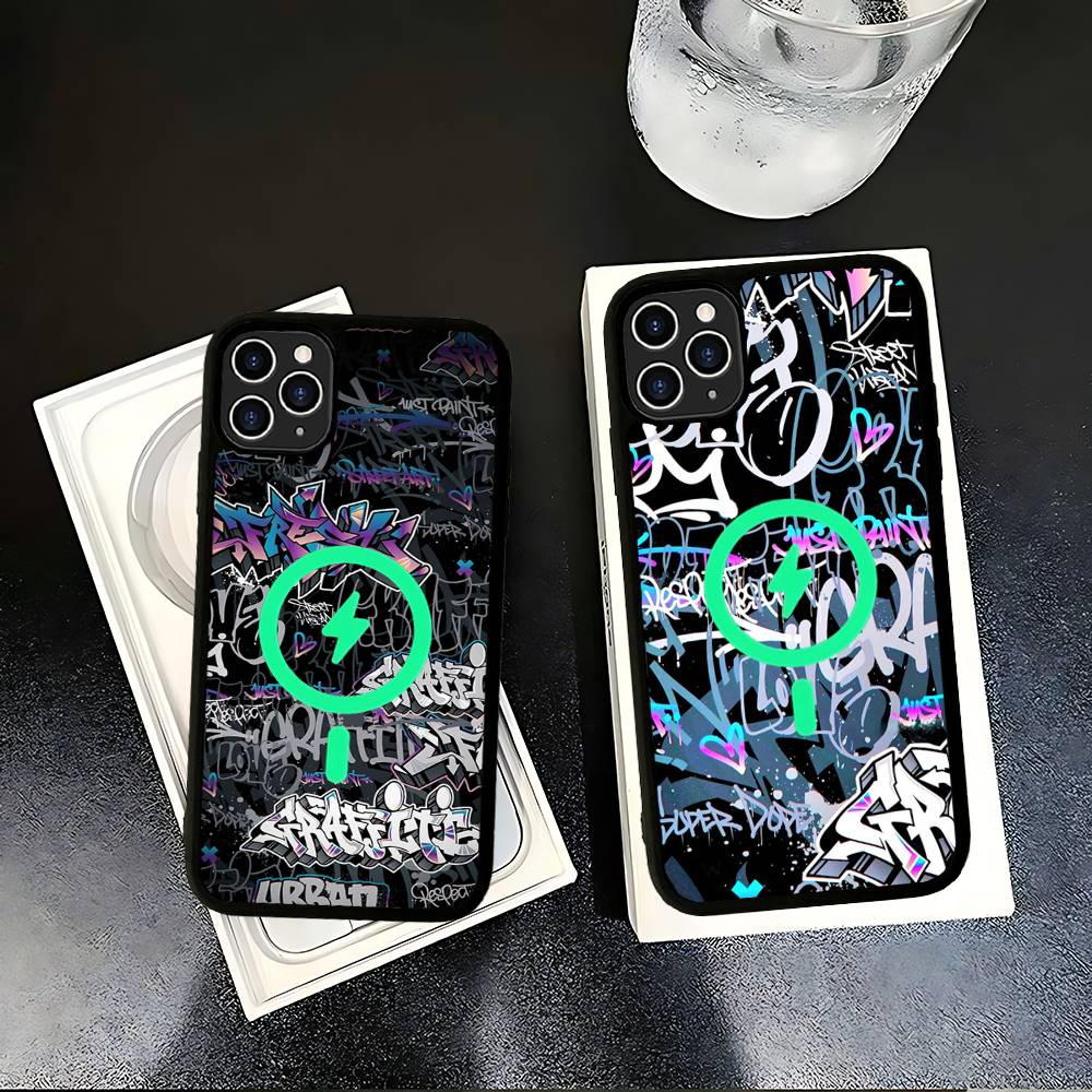 Cool Black Graffiti Phone Case For iPhone 13 14 15 11 12 16 17 Pro Max Plus For Magsafe Magnetic Shell