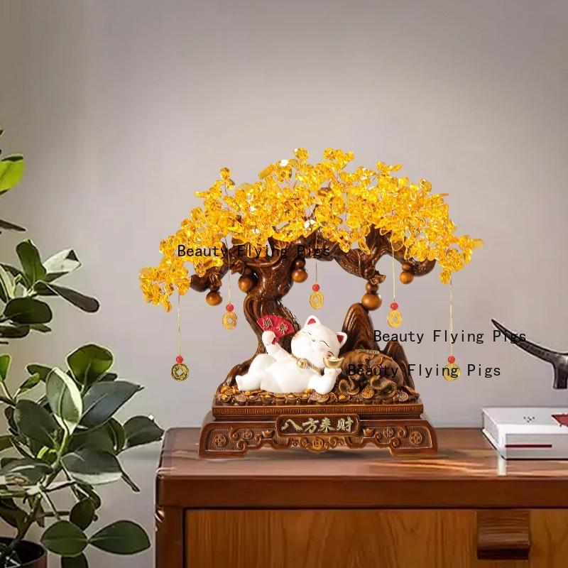 1pc Resin Wealth Cat Ornament Wealth Tree Ornament Home Decoration Resin Crafts Housewarming Gift Chinese Desktop Decoration