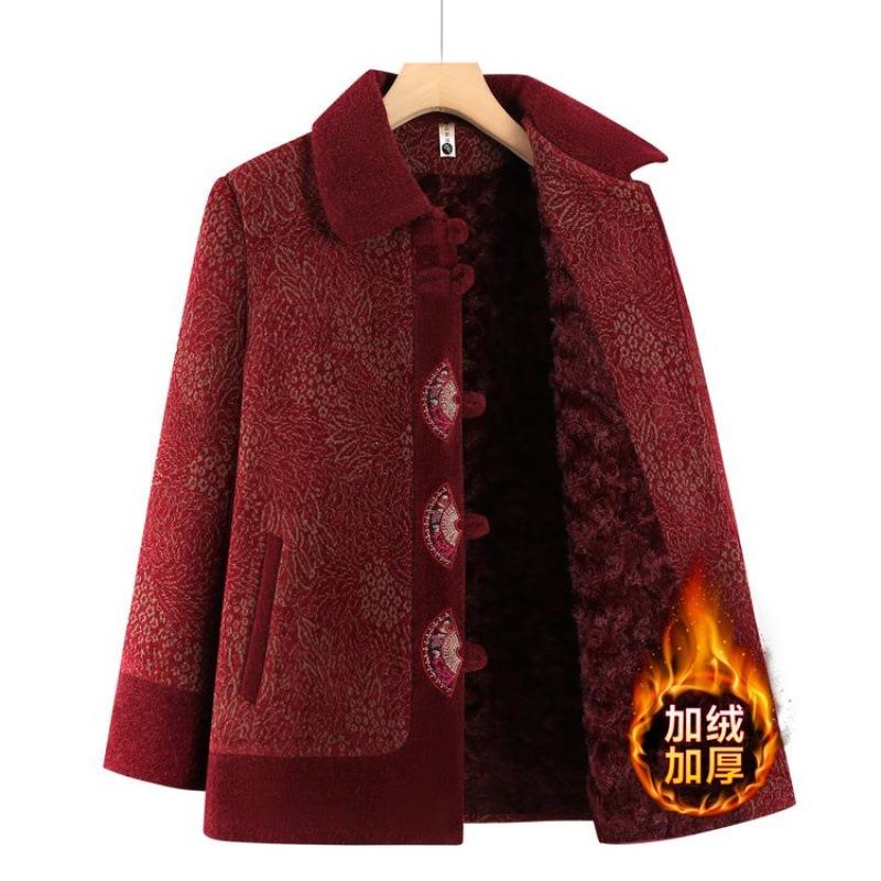 Winter coat medium and old women's clothing embroidery thickened 0 elderly clothes velvet warm outer wear