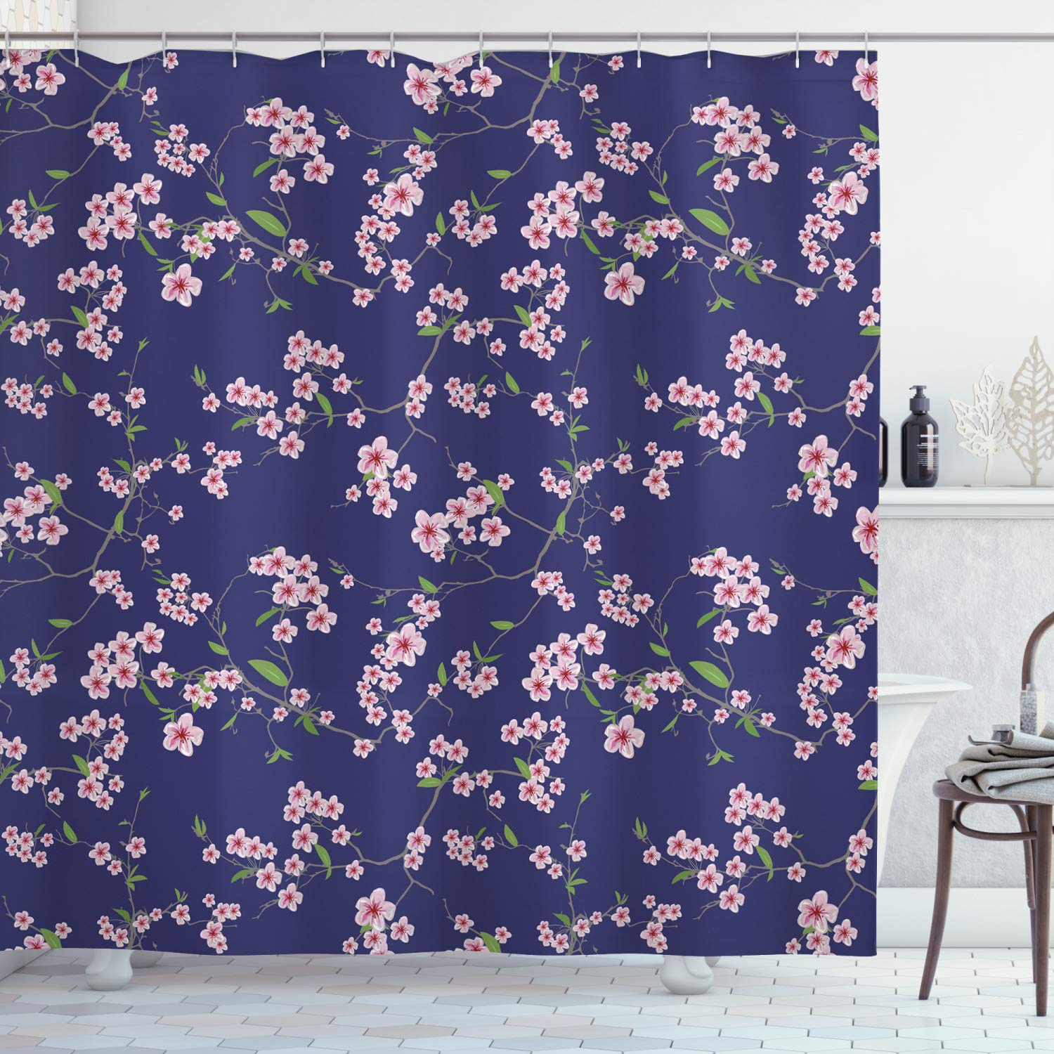 

Japanese Traditional Shower Curtain, Kimono Motifs Composition Floral Patterns Vintage Art Bathroom Decor Curtain With Hooks W60H190(CM)-1 Pcs