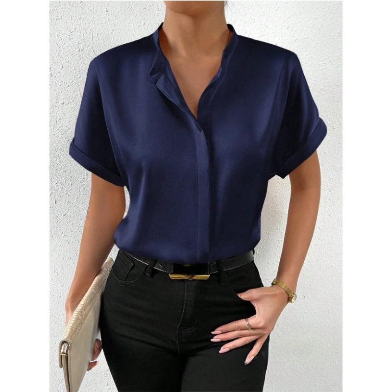 Sommer Satin Kurzarm Frauen Hemd Stehkragen Lose Beiläufige Büro Bluse Damen Einfache 2025 Neue Einfarbig Tops kleidung 3426