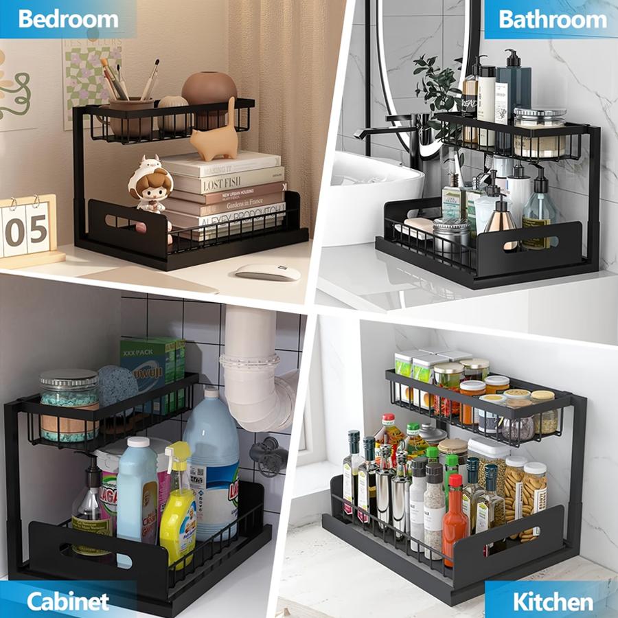 1pc Metal Pull-out Storage Rack, Durable Slide Out Kitchen Cabinet Under Sink Bathroom Bedroom Organizer for Book, Seasoning XJM