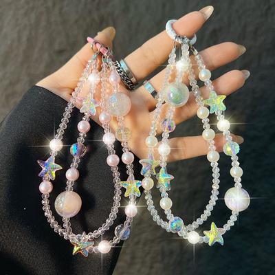 New Crystal Starfish Double Layer Phone Chain Short Crystal Pearl Beaded Phone Strap Wrist Bag Pendant Anti-Lost