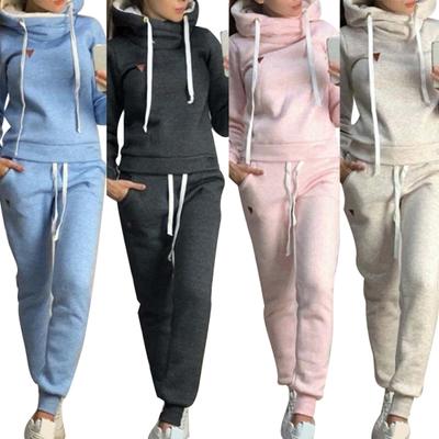 2Pcs Women Jogging Suit Solid Color Tracksuits Fleece Lined Hoodies Pants Set