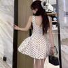 Apricot square neck suspender dress, women's spring innocence, waist short skirt, casual women's polka dot print women
