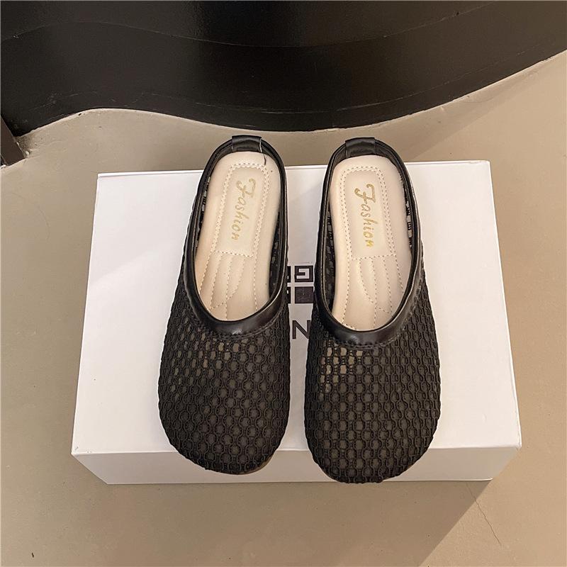 Large Size Women's Shoes Niche Design Sense Fishing Net Rhinestone Breathable Bag Head Half Slippers Women's Skirt Flat Bottom Square Head Sandals