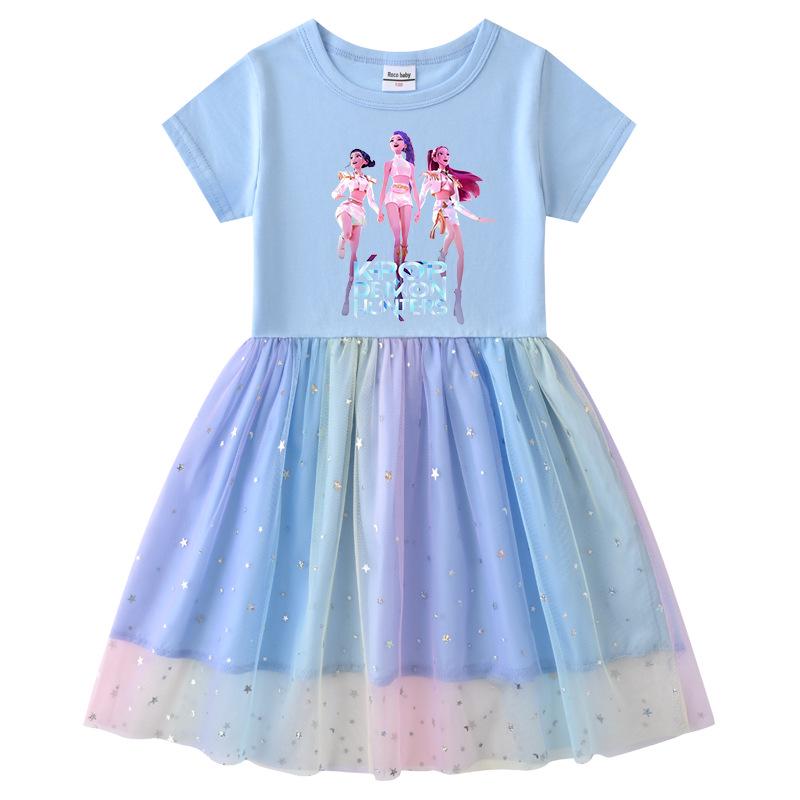 Vestito Corto a Maniche Corte Kpop Demon Slayer con Paillettes Arcobaleno e Rete – Primavera, Estate, Autunno