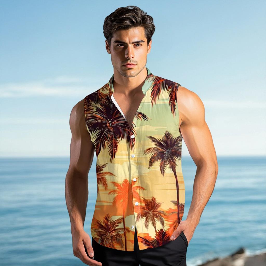Men's Fashion Printed Sleeveless Lapel Button-Down Shirt Vest Top