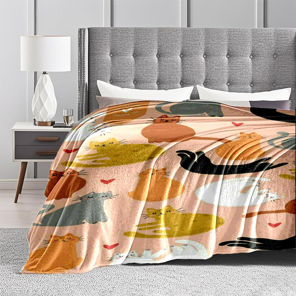 Playful Cat Pattern Pink Flannel Blanket for Bedroom, Living Room, Sofa, and Nap