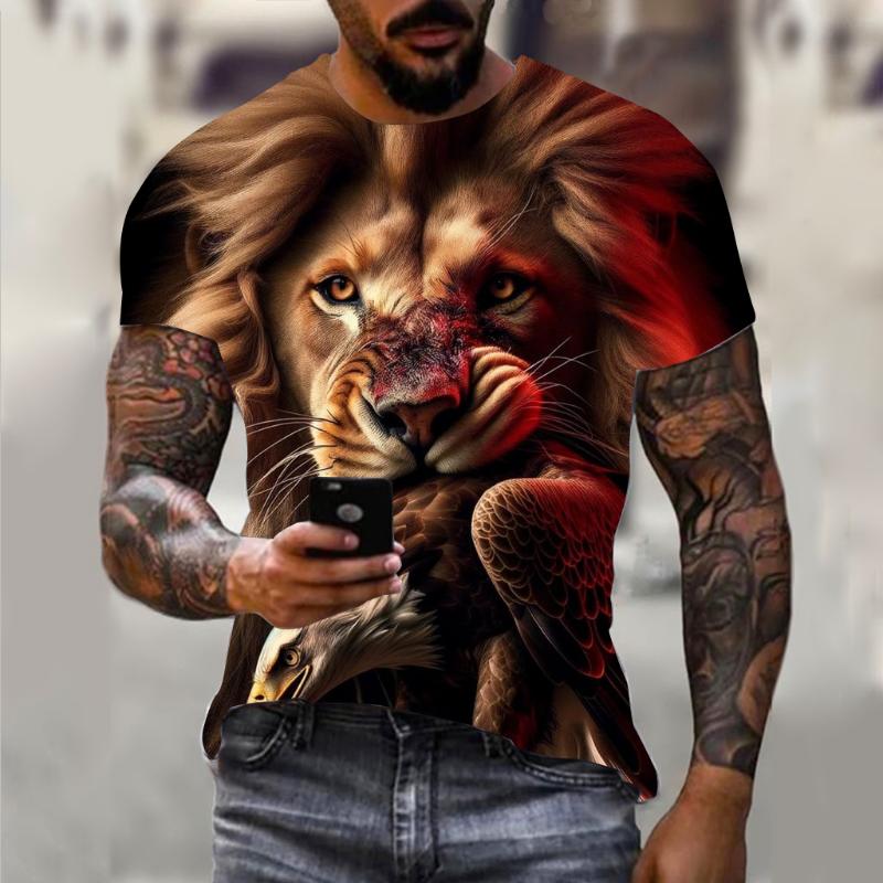 Harajuku Men's T-shirt Hip Hop Trend Street Casual Round Neck Short Sleeve Loose Top Fun 3D Animal Eagle Print T-shirt