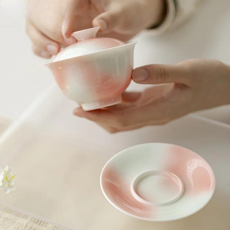 130ml Grapefruit Jasmine Ceramic Sancai Gaiwan Aesthetic Gradual Color Tea Tureen Tea Maker Cover Bowl Tea Ceremony Decoration