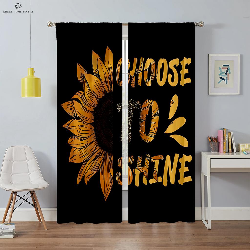 Retro Floral Sunflower Drapes Creative Letters Fashionable Print Curtains Bedroom and Living Area Ornamental Curtains