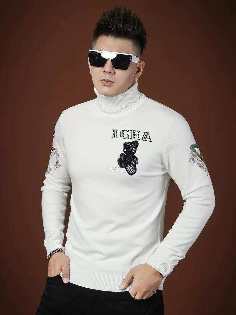 European Trendy Brand Men's Long-Sleeved Knitwear 2025 Autumn and Winter New Style Bear Print Turtleneck Sweater Men's Top