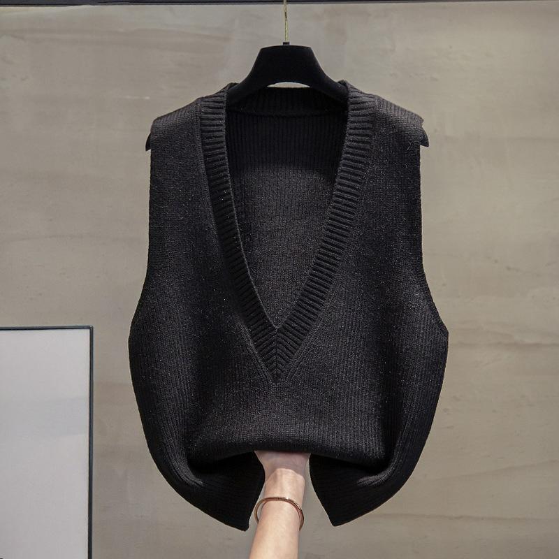 Deep V-neck Knitted Vest Vest Women's Spring and Autumn Loose Waistcoat Outer Wear Clothes Outer Sweater Waistcoat