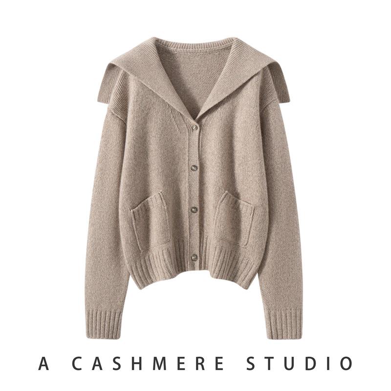 Navy Heavy Craftsmanship Cashmere Cardigan: Women's Loose Knit Sweater, Thickened Collared Casual Top
