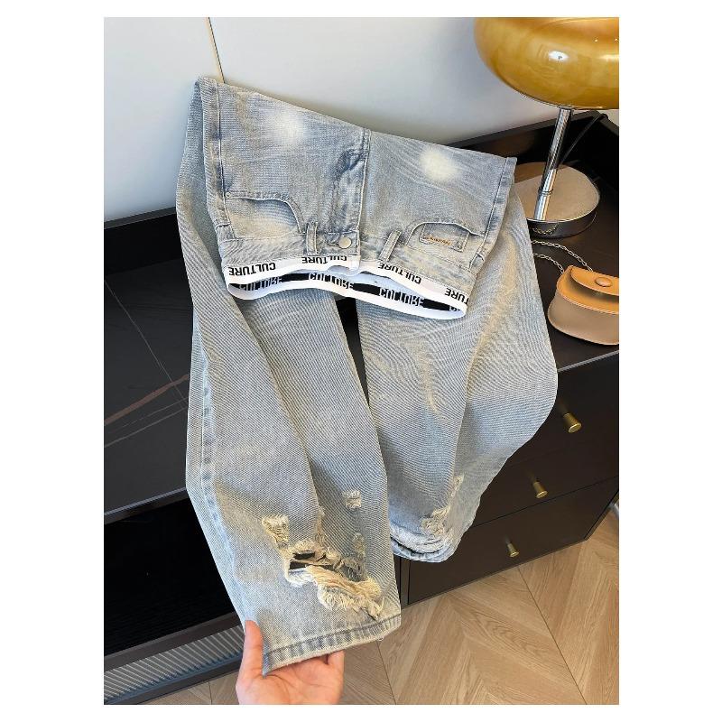 ROADVIBE American Vintage Ripped Patchwork Jeans for Women New Spring Fall Light Blue High Waist Slim Loose Wide Leg Denim Trousers Stree