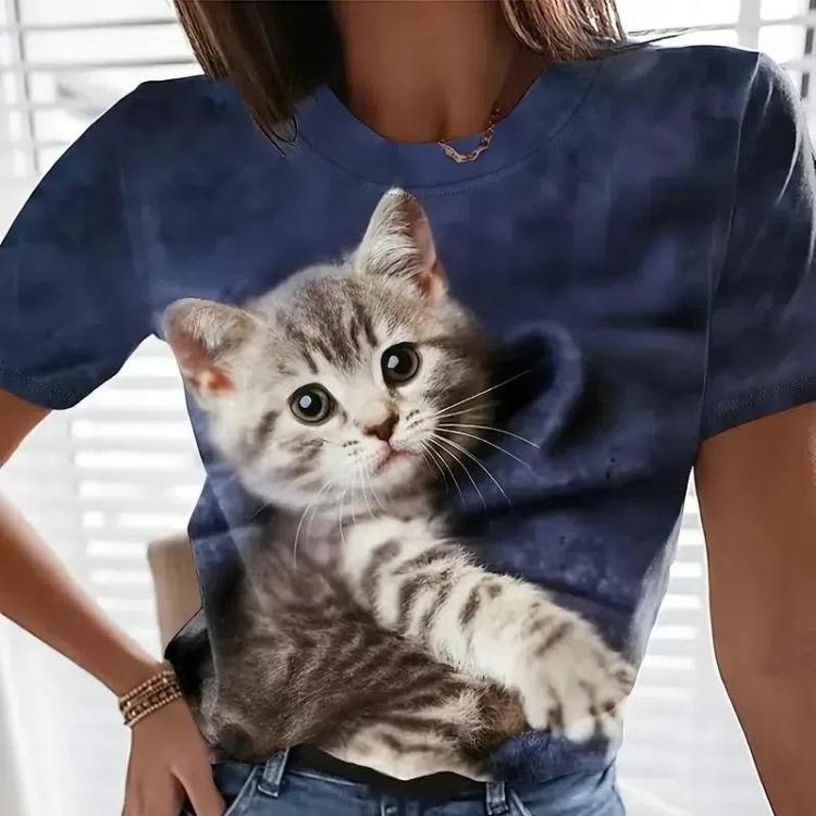 Plus Size Women's Casual Summer T-Shirt 3D Cat Print Loose Short Sleeve Crew Neck Tops Clothing