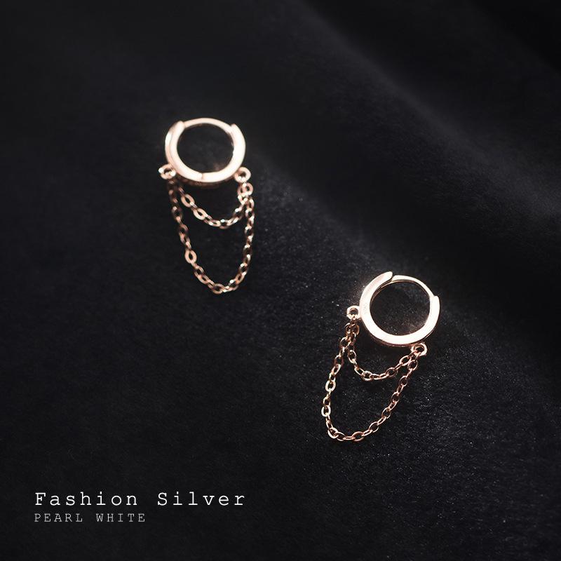 925 Sterling Silver Trendy Geometric Link Chain Tassel Hoop Earrings for Women Girls Party Gift Fine Jewelry