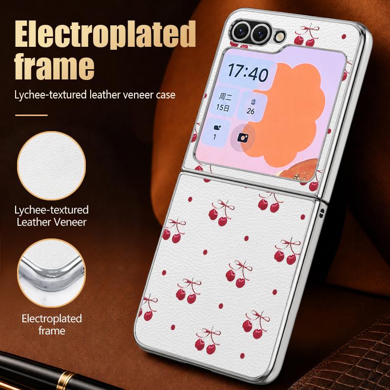 Cherry Fruits Print Case For Samsung Z Flip 8 7 6 5 Luxury Plating Leather Skin Folding Phone Cover For Galaxy Z Flip8 Flip7 Flip6