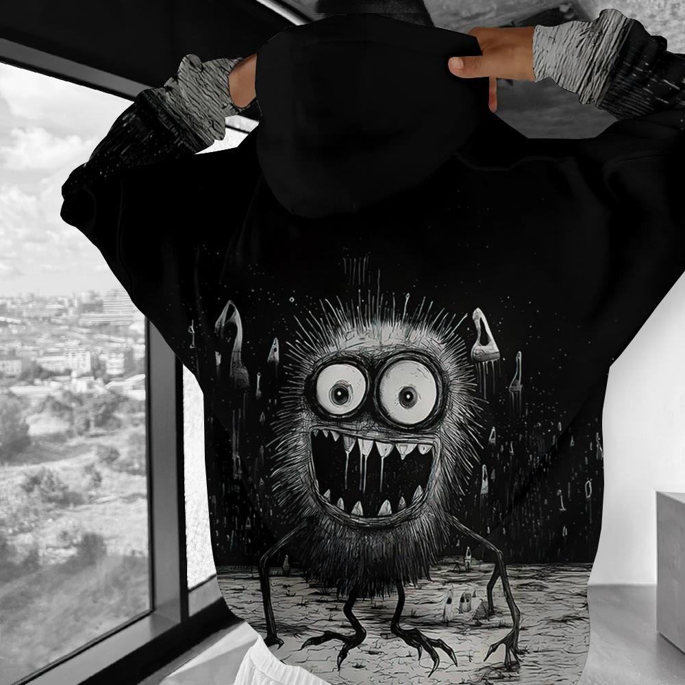 Vtipná pánská mikina ležérní s dlouhým rukávem s kapucí přes hlavu kreslený potisk top módní oversized vintage pánská mikina streetwear