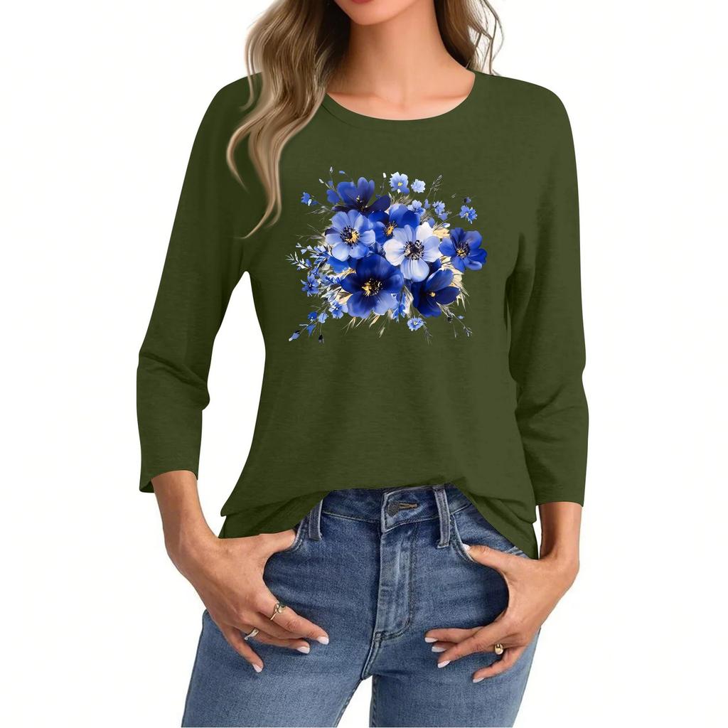 Dames casual top met zevenpuntige mouwen en print, ronde hals.