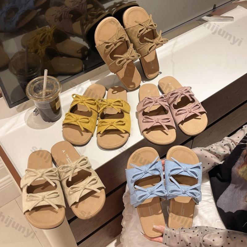 2025 Summer New Fashion Bow Women's Slippers Outdoor Retro Beach Casual Flat Shoes Lightweight Comfortable One Word Slippers