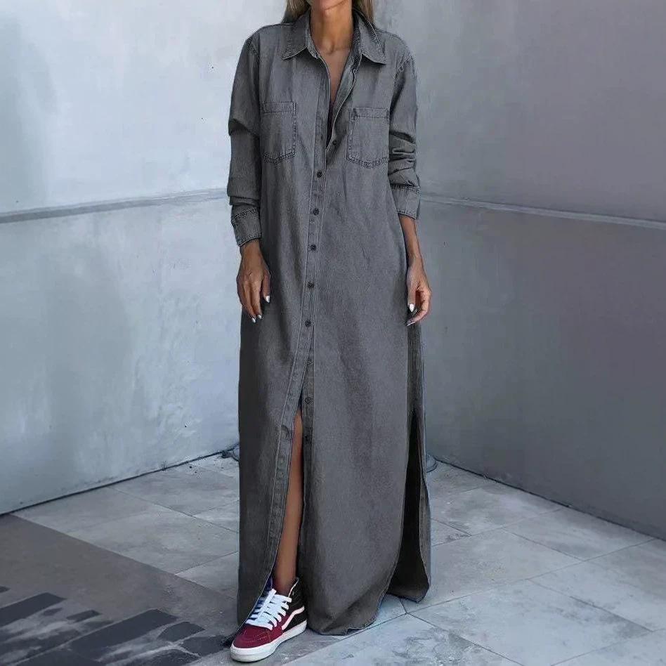 Flip denim long open lapel new dress women's clothing