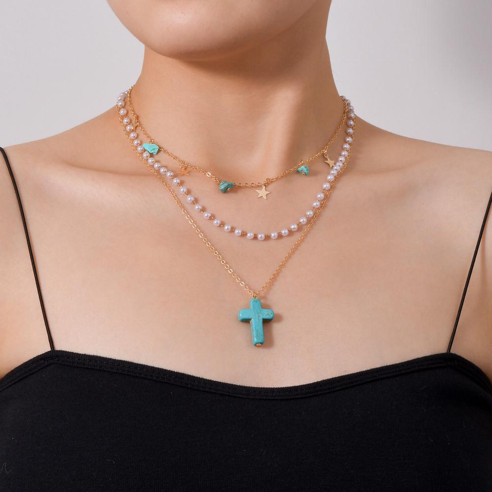 Personalized Turquoise Cross Star Gravel Pearl Multi-layer Metal Necklace