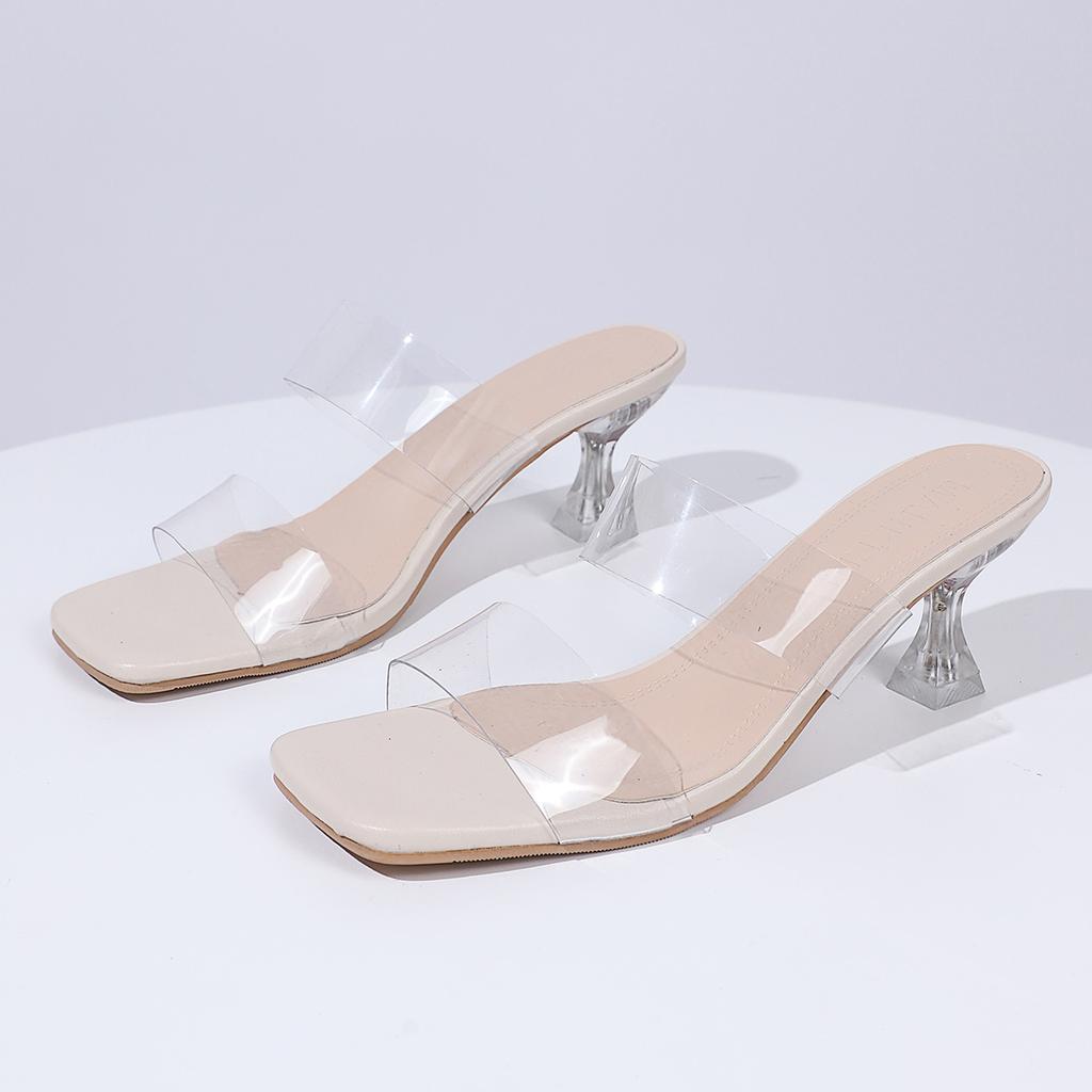 Women's High Heeled Slippers Fashion Transparent PVC Cool Slippers Summer Thick Heeled Sandals Square Toe Open Toe Women Slides