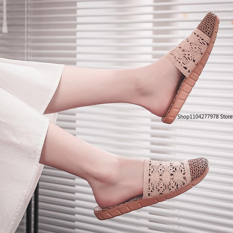 Fashion Women Indoor Linen Cane Slippers 2025 Spring Summer Shoes Anti-slip Light Weight Breathable Lace Couples Home Floor Slides