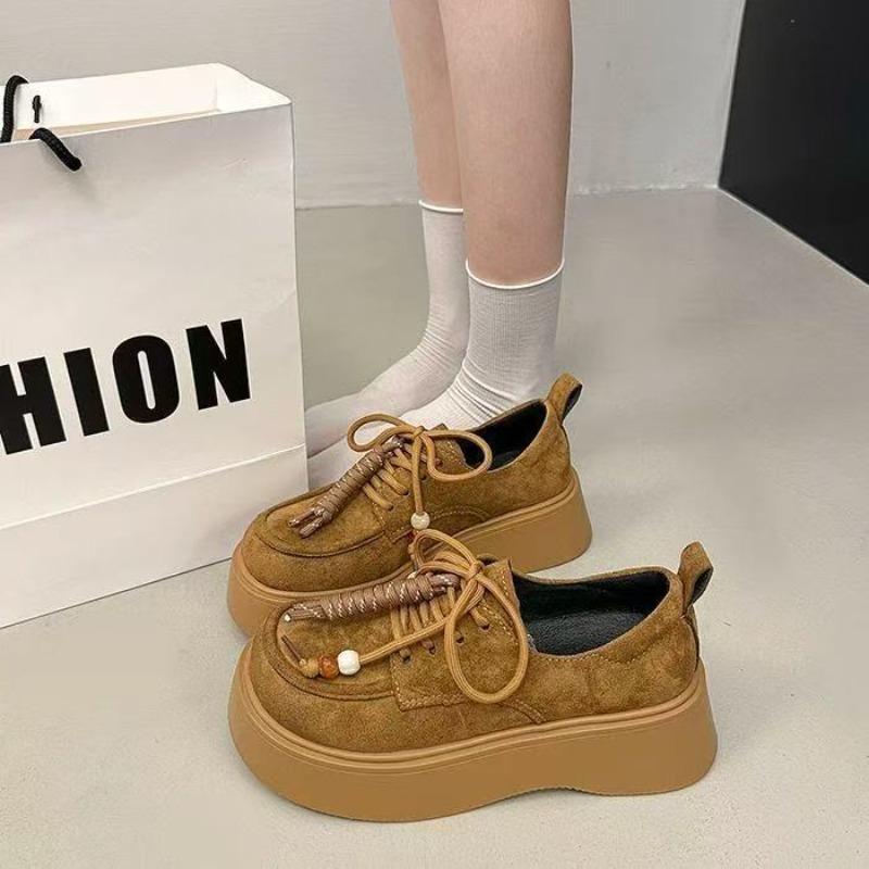 Thick-soled heightening lace-up women's autumn new retro soft-soled casual versatile low-top loafers
