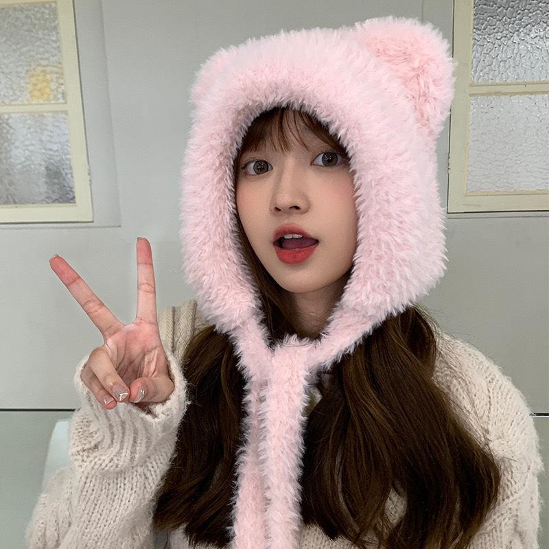 Plush Hat Female Winter Cute Bear Ears Striped Contrasting Color New Sweet Contrasting Color Knitted Wool Hat