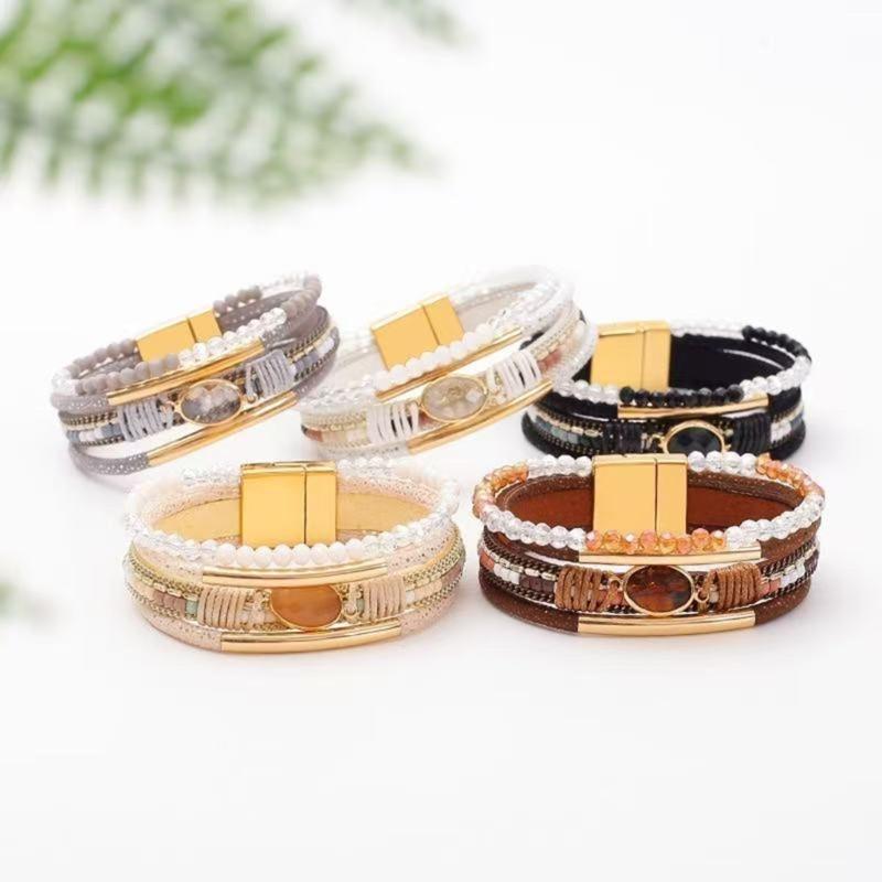 Stapelbare Kristalle Perlen Herz Lederarmband für Frauen Bohemian Handgemacht Verstellbares Armband Westliches Geschenk