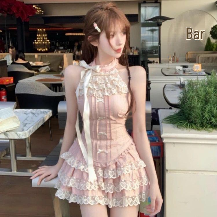 Girly Sweet Spicy Halter Top & Skirt - Unique Ballet-Inspired Two-Piece Set XL