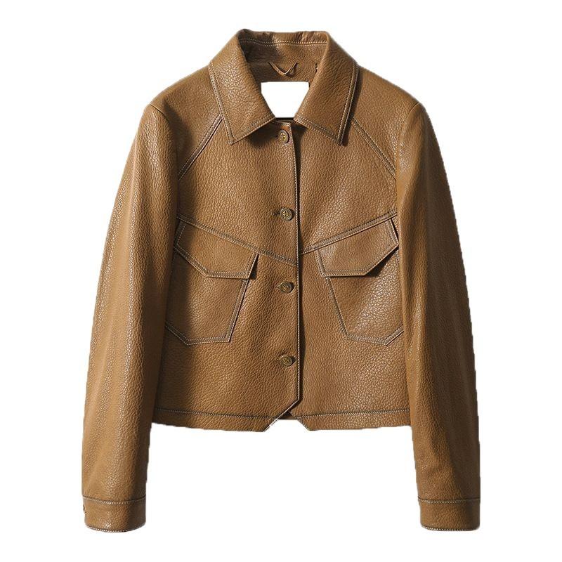 Womens Short PU Leather Jacket Casual Turn-Down Collar Biker Style Streetwear Coat